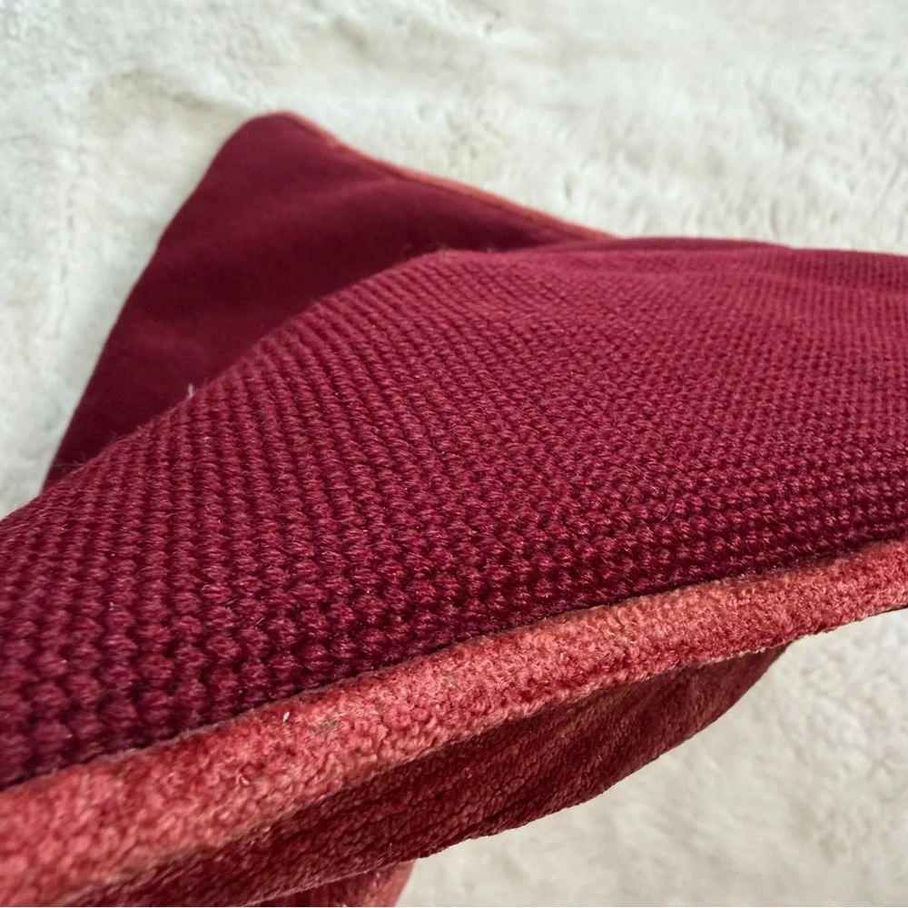 Vintage Needlepoint Floral Pillow 18”x15” Burgundy Wool Front Velvet Back Flat
